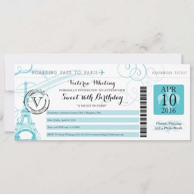 Natten i Paris | Aqua Sweet 16 Birthday Inbjudningar (Framsida)