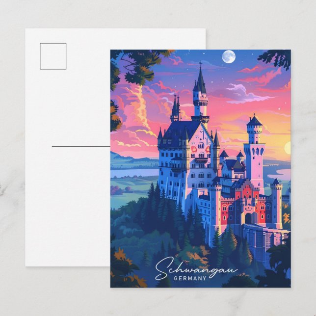 Natten i Schwangau Tyskland Travel Vykort (Fram/baksida)