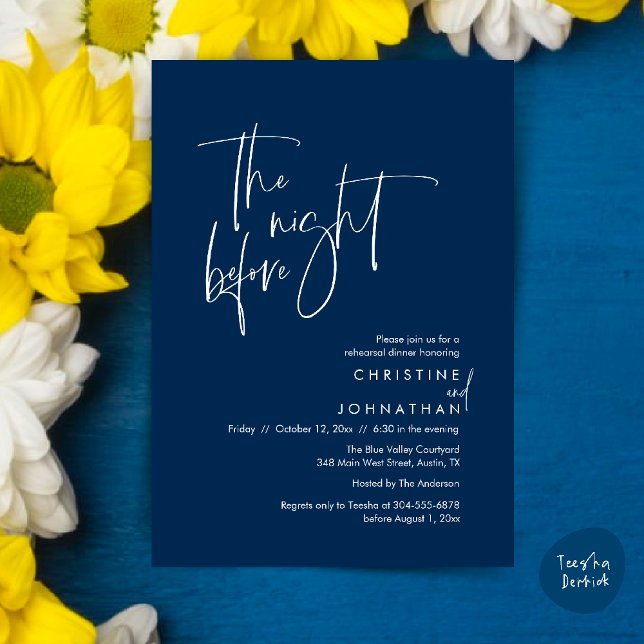 Natten innan, Avslappnad Bröllop Rehearsal Dinner Inbjudningar (The night before, Casual Modern Wedding Rehearsal Dinner Invitation Card PDF Navy Blue)