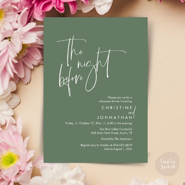 Natten innan, Avslappnad Bröllop Rehearsal Dinner Inbjudningar (The night before, Casual Modern Wedding Rehearsal Dinner Invitation Card PDF Sage Green)
