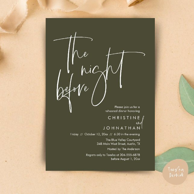 Natten innan, Avslappnad Bröllop Rehearsal Dinner Inbjudningar (The night before, Casual Modern Wedding Rehearsal Dinner Invitation Card PDF Olive Green)