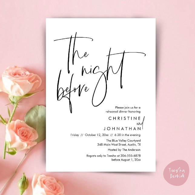 Natten innan, Avslappnad Bröllop Rehearsal Dinner Inbjudningar (The night before, Casual Modern Wedding Rehearsal Dinner Invitation Card PDF Black White)