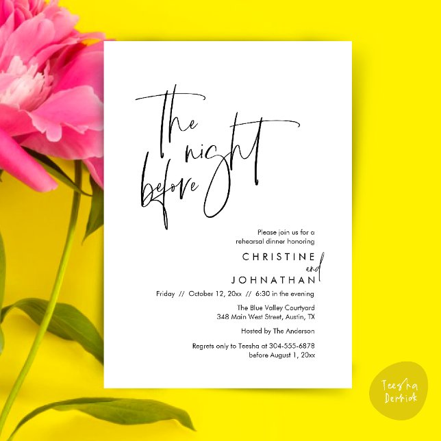 Natten innan, Avslappnad Bröllop Rehearsal Dinner Inbjudningar (The night before, Casual Modern Wedding Rehearsal Dinner Invitation Card PDF Black White)