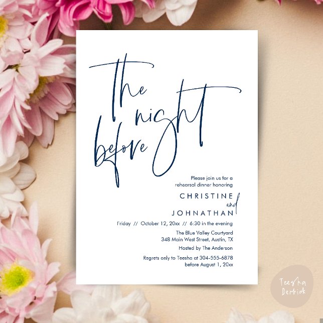 Natten innan, Avslappnad Bröllop Rehearsal Dinner Inbjudningar (The night before, Casual Modern Wedding Rehearsal Dinner Invitation Card PDF Navy Blue)