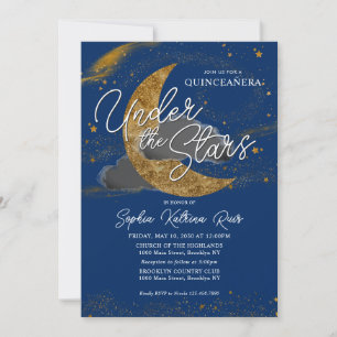 Natten under Stars Blue Guld Måne Quinceanera Inbjudningar
