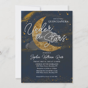 Natten under Stars Blue Guld Måne Quinceanera Inbjudningar