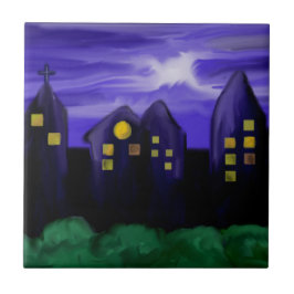 Nattens himlar stad skyskrapa canvas art kakelplatta