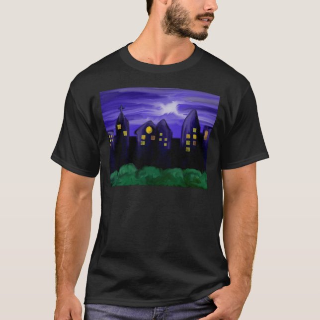 Nattens himlar stad skyskrapa canvas art t-shirt (Framsida)