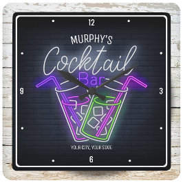 Nattens Klubb Faux Neon Personlig Cocktail Pub Fyrkantig Klocka