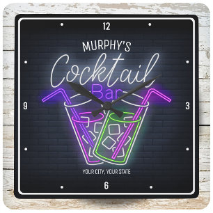 Nattens Klubb Faux Neon Personlig Cocktail Pub Fyrkantig Klocka