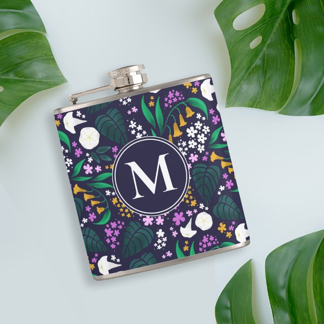 Nattens Måne Garden-Blommigt Botaniska Mönster Fickplunta (Moon Garden Monogram Flask)