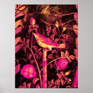 NÄTTERGAL MED ROSOR, Rosa Fuchsia Svart Gul Poster
