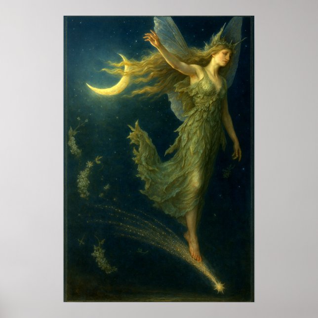Nattflicka Ridande På En Stjärnfall Fantasi Konst Poster (Framsidan)