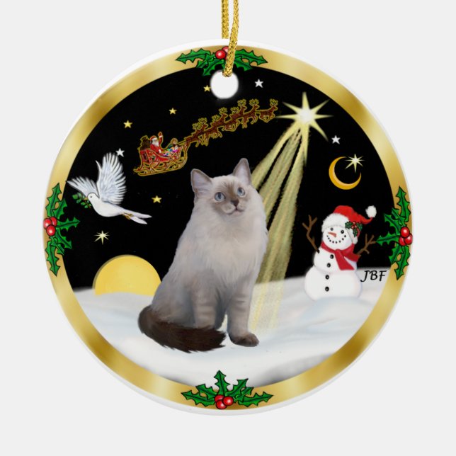Nattflygning - Blå Crème Ragdoll katt Julgransprydnad Keramik (Framsidan)