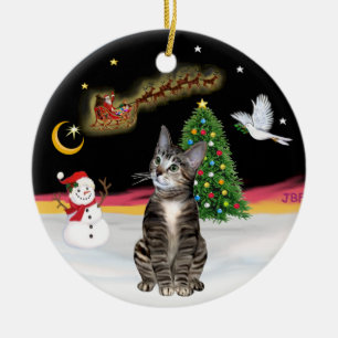 Nattflygning - Brun Tabby katt 2 Julgransprydnad Keramik