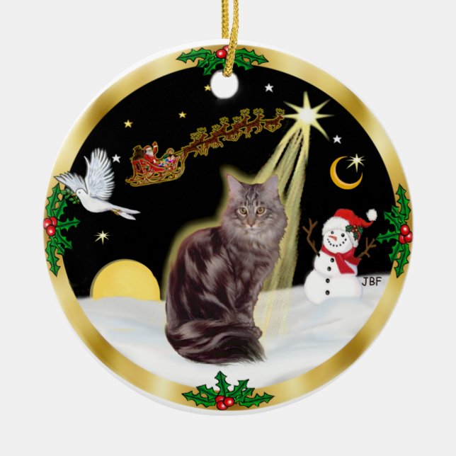Nattflygning - Maine Coon katt (randig 10) Julgransprydnad Keramik (Framsidan)
