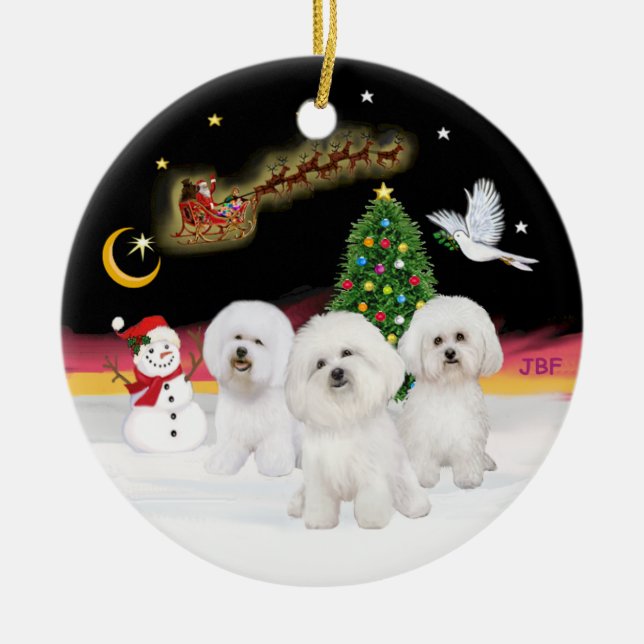 Nattflygning - tre Bichon Frise Julgransprydnad Keramik (Framsidan)