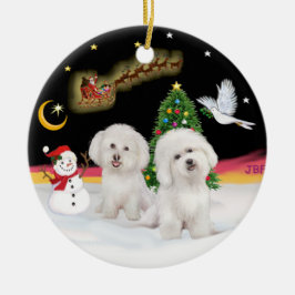 Nattflygning - två Bichon Frise Julgransprydnad Keramik