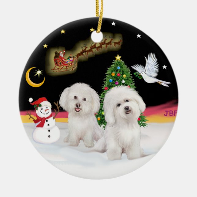 Nattflygning - två Bichon Frise Julgransprydnad Keramik (Framsidan)