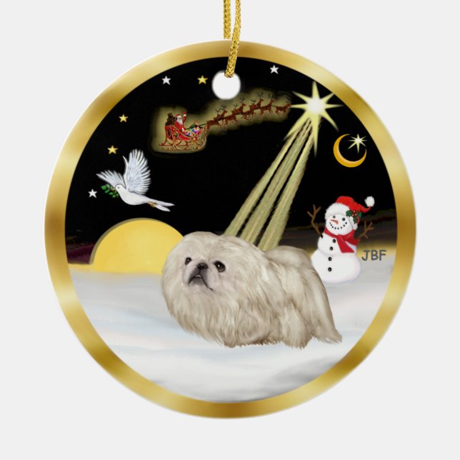 Nattflygning - Vit Pekingeser Julgransprydnad Keramik (Framsidan)