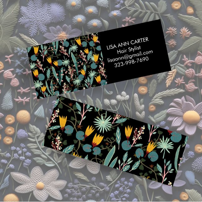 Nattgarden Blommigt Botanical Mönster Black Mini Visitkort (Night Garden Floral Botanical Pattern Black Mini Business Card
)