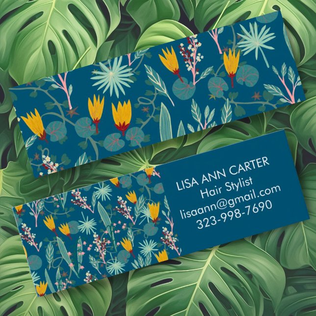 Nattgarden Blommigt Botaniska Mönster mörk blått Mini Visitkort (Mini custom business cards with a sweet design of a floral garden in deep blue)