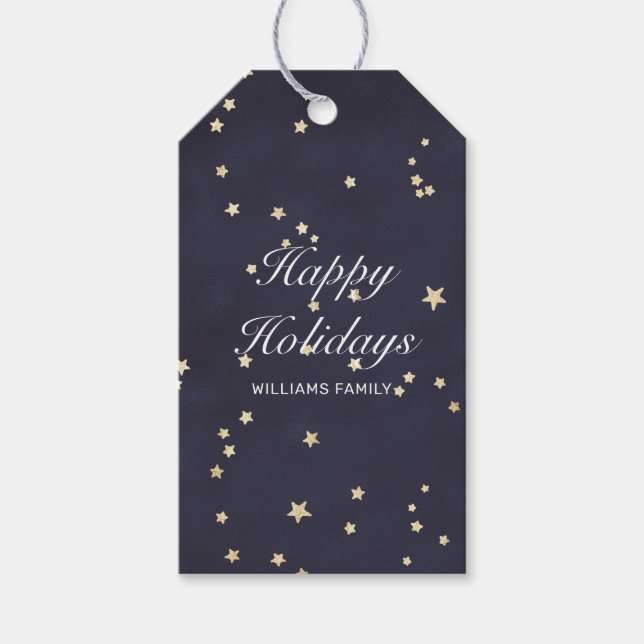 Natthimmel och guldstjärnor - lyckliga semesterdag presentetikett (Framsidan)