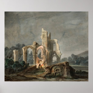 Nattlandskap med Gothic Ruins (cirka 1850) Poster