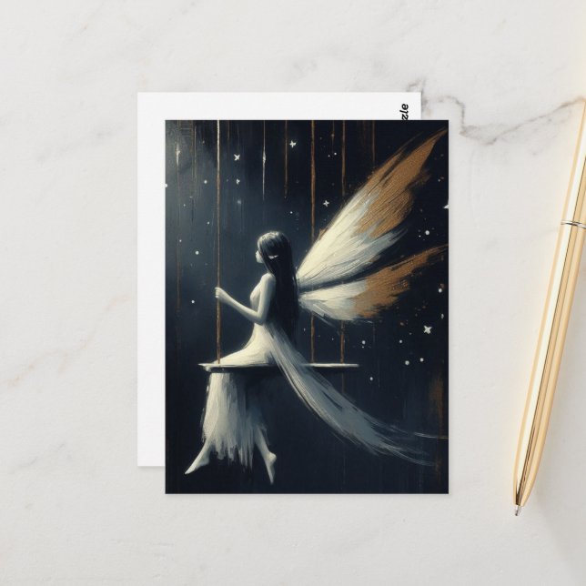 Nattlig älva på gunga i vit klänning vykort (Fram/Back In Situ)