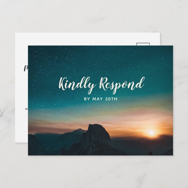 Nattlig galaxbergstjärna Modern bröllops-RSVP Inbjudan Vykort (Fram/baksida)