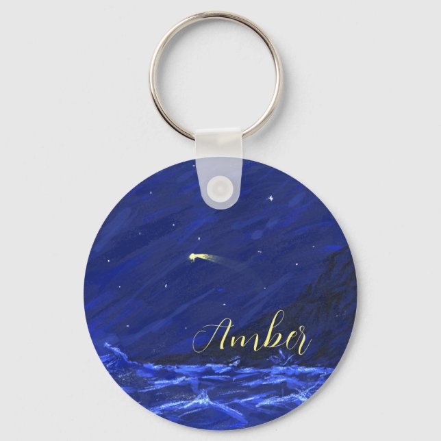Nattlig himmel Ocean Klippa Stjärnfall Canvas Nyckelring (Framsida)