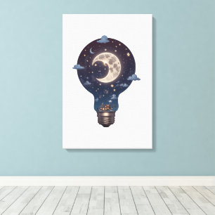 Nattlig himmel och stuga inuti en glödlampa canvastryck