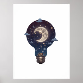 Nattlig himmel och stuga inuti en glödlampa poster