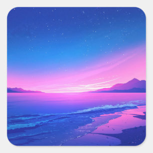 Nattlig himmel över rosa och lila strandlinje fyrkantigt klistermärke