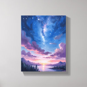 Nattlig himmel   Stjärnig sjö lila akvarell Canvastryck