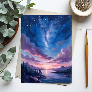 Nattlig himmel Stjärnig sjö lila akvarell Vykort
