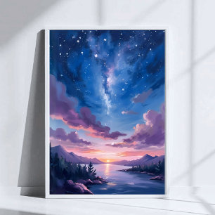 Nattlig himmel Stjärnsjö Lila Akvarell Poster