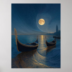 Nattlig scen med venetianska gondoliner under full poster