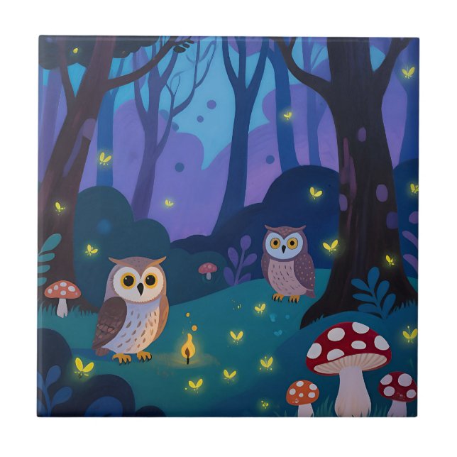 Nattliga Skogsugglor Illustration Kakelplatta (Framsidan)