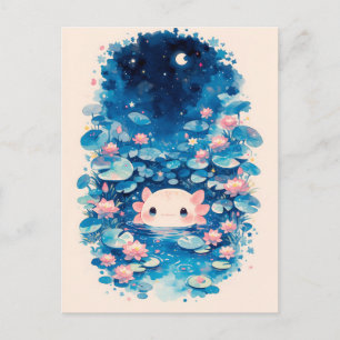 Nattlilja Vattenfärg Rosa Axolotl Illustration Vykort