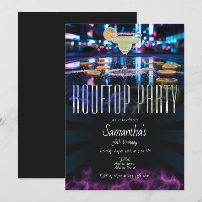 Nattliv i Rooftop Lounge Himlar Pub utanför födels Inbjudningar (Fram/baksida)