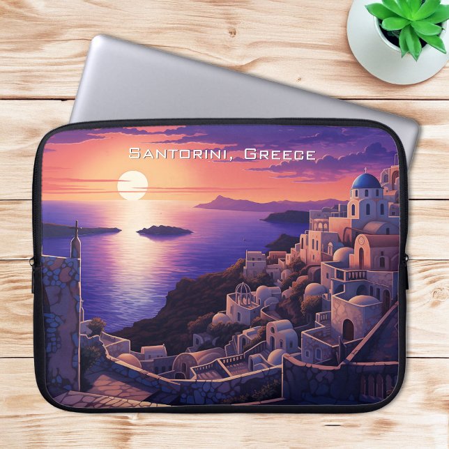 Nattmålning på Santorini-ön | Resekonst Laptop Fodral (Night at Santorini Island Painting | Travel Art Laptop Sleeve)