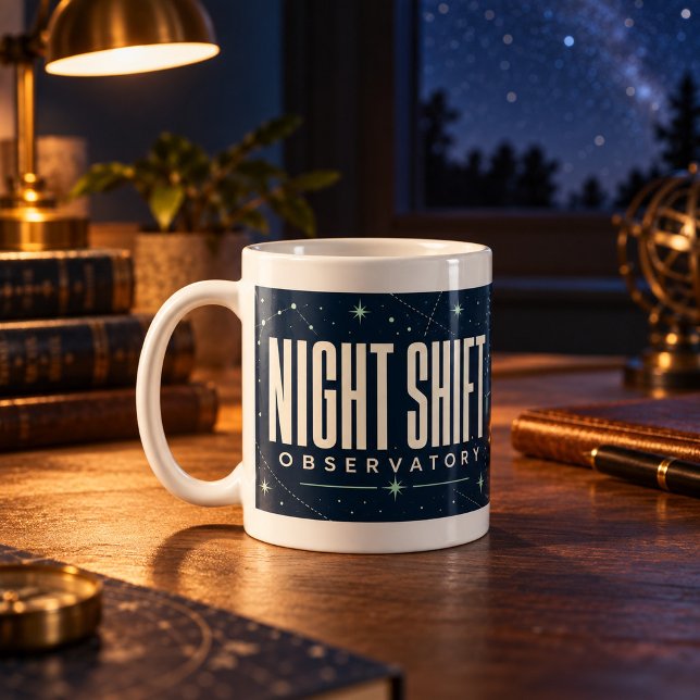 Nattobservatoriets astronomimugg kaffemugg (Classic white 11 oz ceramic mug with white interior and handle. Styled scene; props not included.)