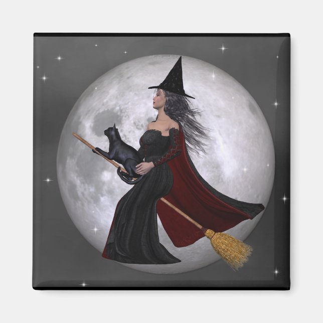 Nattrid: Witch och hennes kattrida på natten Magnet (Framsidan)