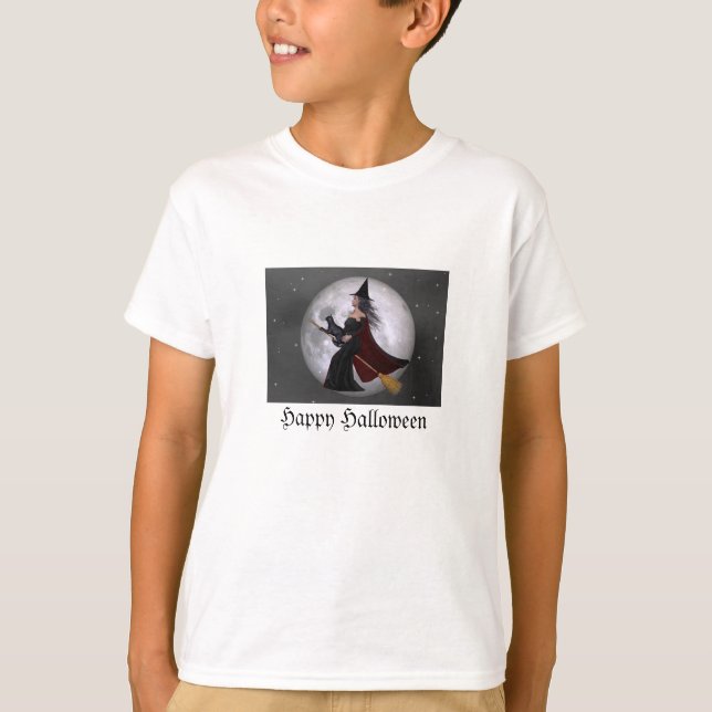 Nattrid: Witch och hennes kattrida på natten Tee Shirt (Framsida)