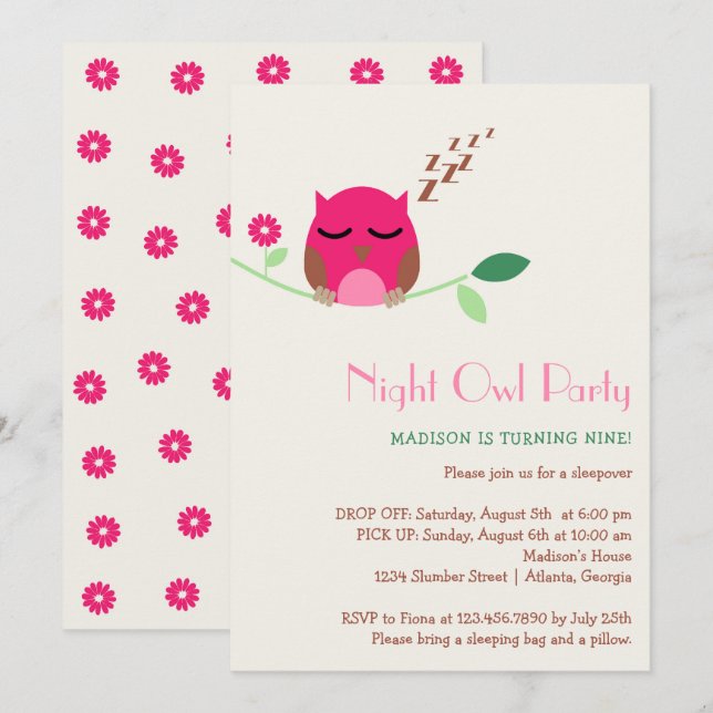 Nattslumber Födelsedagsfest Uggla Inbjudningar (Fram/baksida)