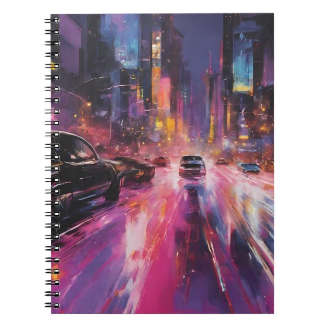 Natttid, motorväg i Vibrant Cityscape Anteckningsbok (Framsidan)
