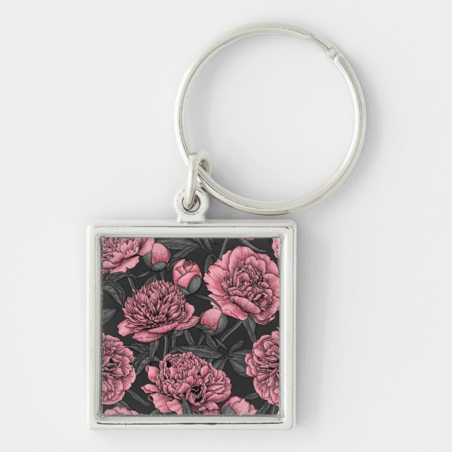 Nattträdgård i rosa och grått fyrkantig silverfärgad nyckelring (Framsidan)