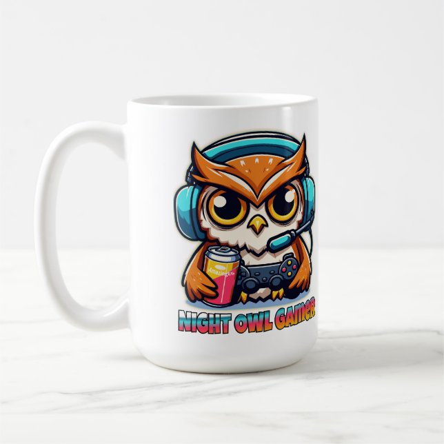 Nattuggla Gamer Maskot Rolig Spelillustration Kaffemugg (Vänster)