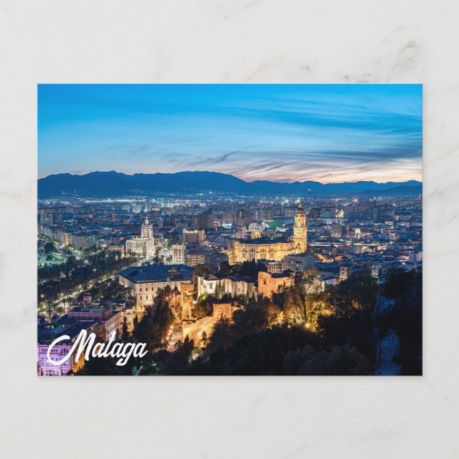 Nattvy över katedralen i Malaga i Spanien Vykort (Framsida)